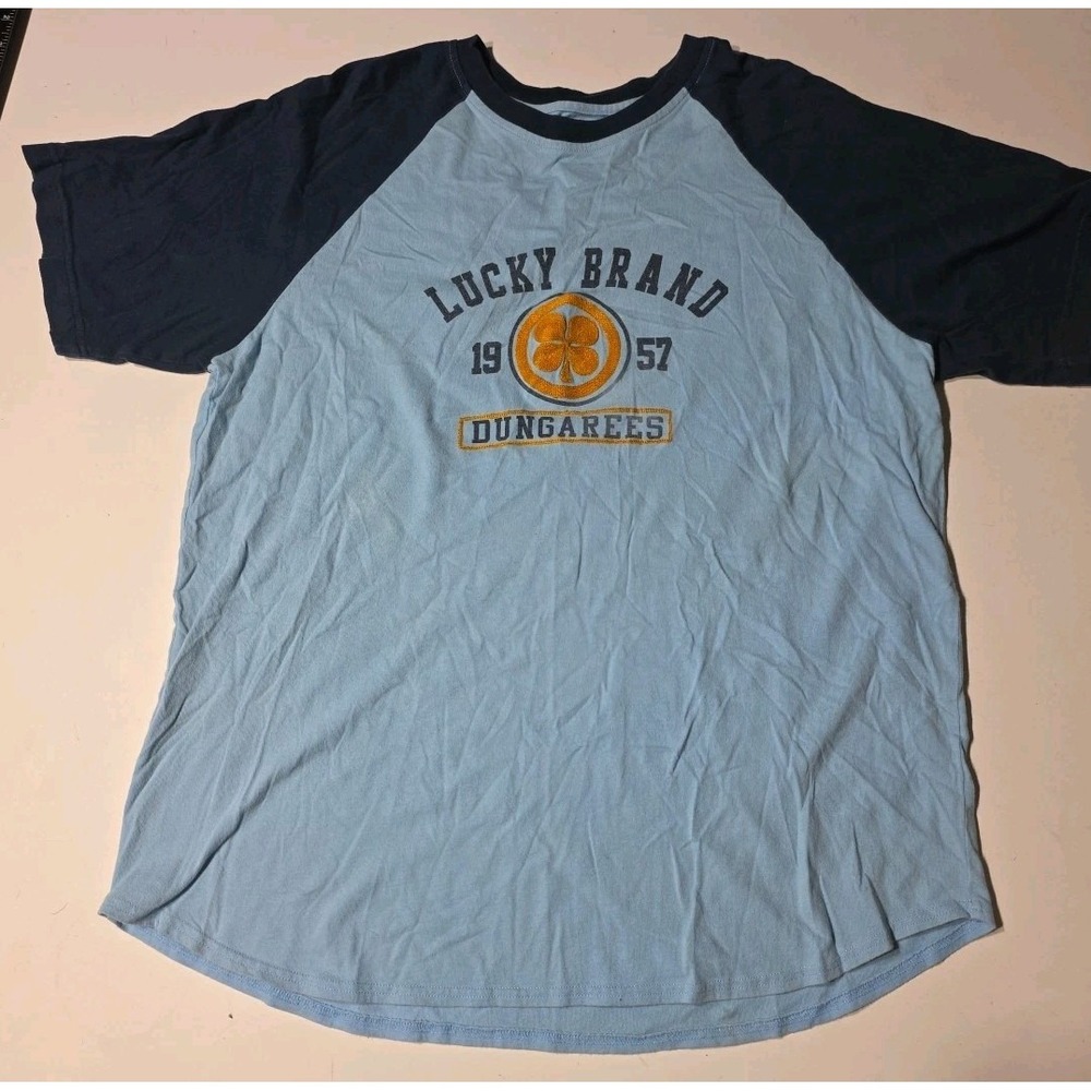 Vintage Lucky Brand‎ Baseball Embroidered Blue Ringer T Shirt  Sz L Y2k Clover